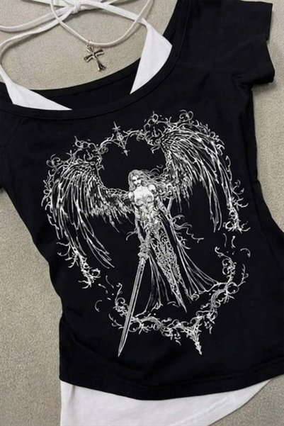 Karakedi Siyah Sword Warrior Angel Madonna Guler cu bretele suplimentare Full Body Y2K Crop cu mâneci scurte