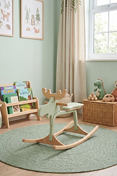 Palmera Natura Ahşap Sallanan Geyik - Yeşil Montessori Bebek Odası Oyuncağı -...