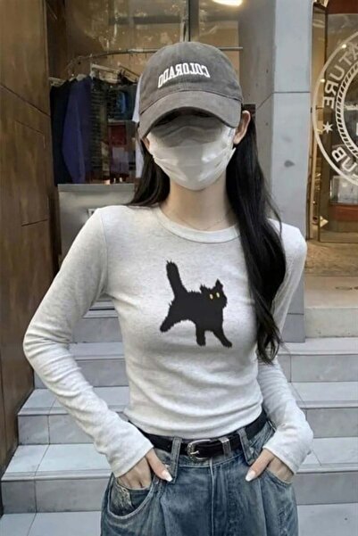 Karakedi Μακρυμάνικο μπλουζάκι Kar Melange Cat Crew Neck Street Y2K