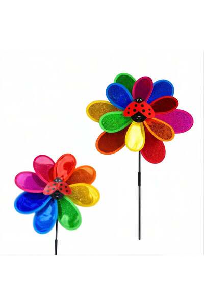 JML1 Moara de vânt dublă de 70 cm, Floare multicoloră cu buburuză pentru grăd...