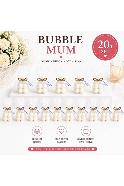 MS VELORA Kişiye Özel Nikah, Nişan, Söz, Kına Hediyelik Tül Bubble Mum (20 Adet)