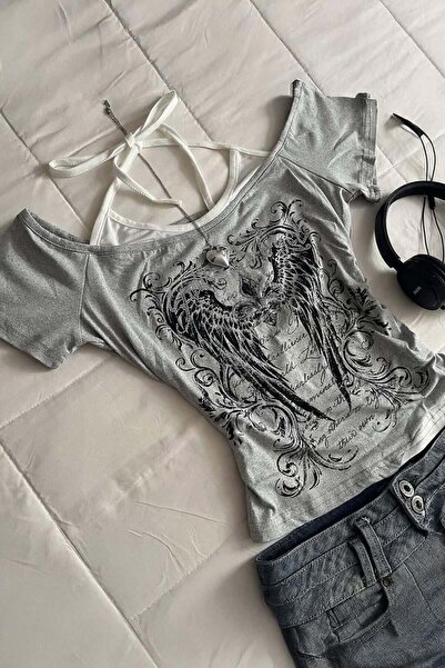 ARS Butik Γκρι Gothic Wing Note Y2K κοντομάνικο κορμάκι με επιπλέον λουράκια