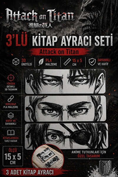 FigurBende Attack on Titan 3’lü Kitap Ayracı Seti – 3D Baskı PLA Malzeme – 15...