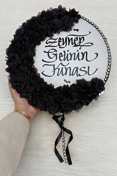 ZEYMERADE Siyah Kaligrafi Gelin Tefi 32cm, Parlak Taş Ve 3d Çiçek Süslemeli, ...