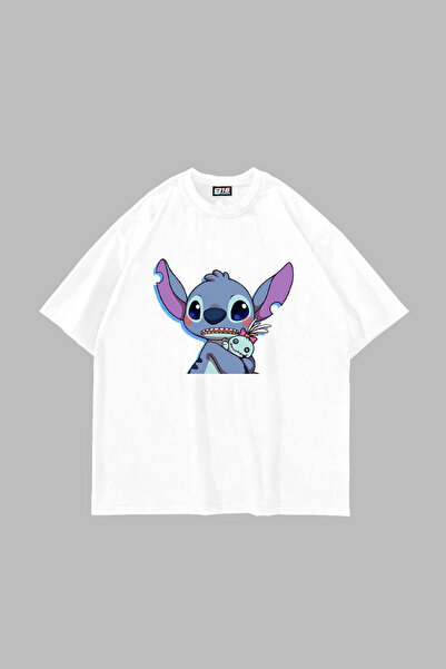 Bak Moda Μπλουζάκι ουνισέξ λευκό με στάμπα Stitch Baby Oversize