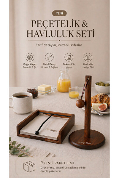Mottogo Akasya Peçetelik & Kağıt Havluluk Seti Metal Detaylı Masa Üstü Organi...