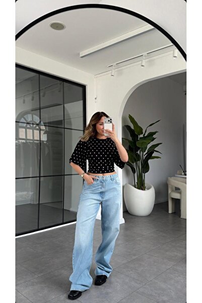 vipelmoda Women's fitted premium blouse with wide sleeves - polka dot black