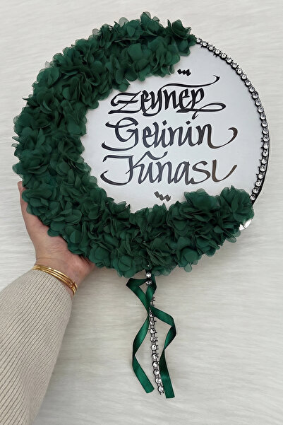 ZEYMERADE Zümrüt Yeşili Kaligrafi Gelin Tefi 32cm, Parlak Taş Ve 3d Çiçek Süs...
