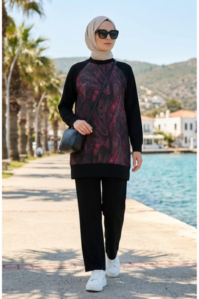 sefamerve Σετ παντελονιού με σχέδια και τουνίκ 2259-01 Μαύρο Ροζ