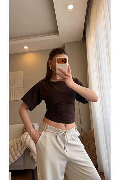 Şulenin Butiği Μπλούζα με ζώνη στη μέση, καφέ χρώμα