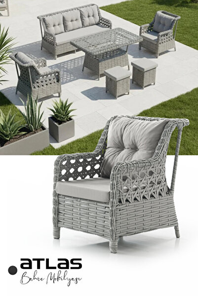 KUMSHOME ATLAS Rattan Puflu Bahçe Balkon Takımı 3+1+1 Gri