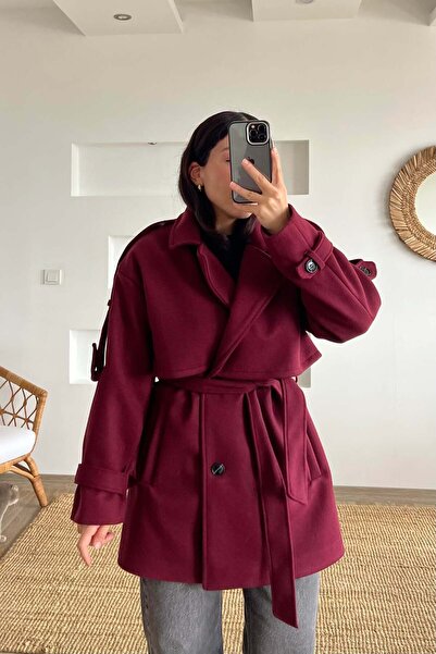 butikhola Burgundy Belted Mid-Length Cashmere Coat