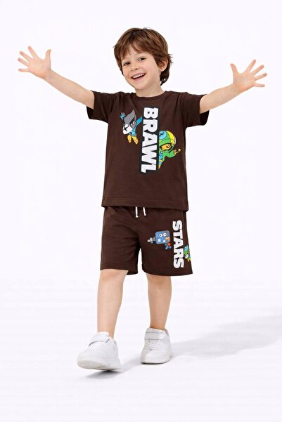 kr kids طقم شورت مطبوع عليه Brawl Stars للأولاد باللون البني، مجموعة صيفية مك...