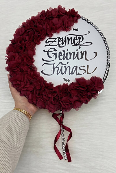 ZEYMERADE Bordo Kaligrafi Gelin Tefi 32cm, Parlak Taş Ve 3d Çiçek Süslemeli, ...