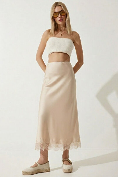 COMBİNE MİCHAİL Γυναικεία δαντελένια λεπτομερής κρεμ μακριά σατέν φούστα