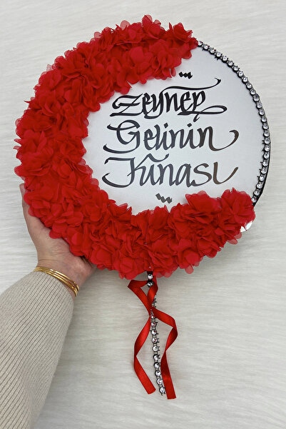 ZEYMERADE Kırmızı Kaligrafi Gelin Tefi 32cm, Parlak Taş Ve 3d Çiçek Süslemeli...