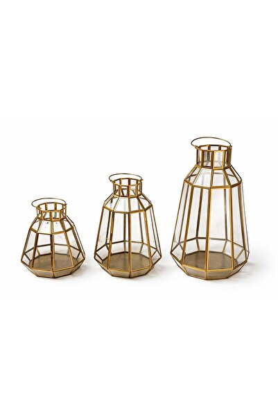 Store Dekoratif Gold Metal 3'lü Fener Seti 22-33-43 Cm