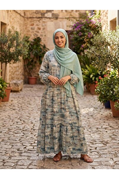 ÇALIŞKAN MODA Soft Pattern V-Neck Man.Go Fabric Loose Summer Long Dress [[Lar...