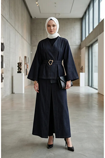 sefamerve Koton Kumaş Kuşaklı Kimono 71355-01 Lacivert