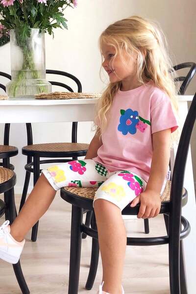 Monila Κοριτσίστικο βαμβακερό μπλουζάκι με ροζ στάμπα και κολάν - Σετ άνω και...