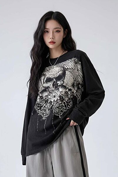 Karakedi Black Tribal Skulls Gotic Y2K Unisex Swea tricou