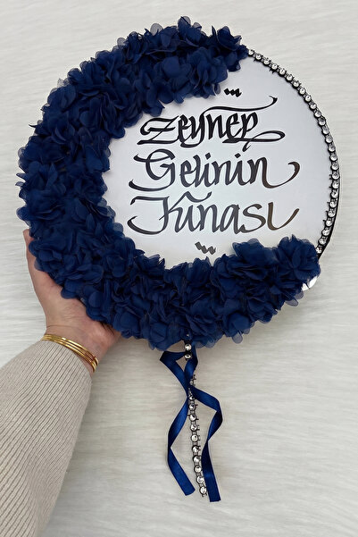 ZEYMERADE Lacivert Kaligrafi Gelin Tefi 32cm, Parlak Taş Ve 3d Çiçek Süslemel...