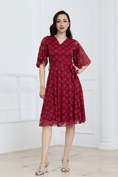 BEYBOS Φόρεμα μίντι με δαντέλα και λαιμόκοψη V - ΒΟΡΝΤΟ