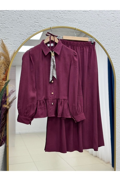 BENAHOLL Σετ Payman με Φουλάρι Λεοπάρ και Φούστα με Έξι Βολάν-NA3439 Βουργουνδί