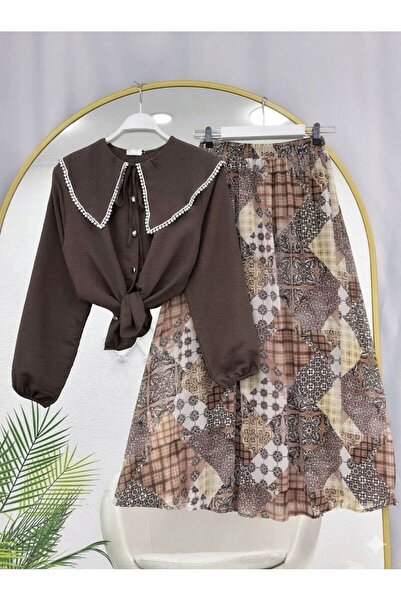 modasindoma White Scallop Shirt with Elastic Waist and Patterned Chiffon Skirt