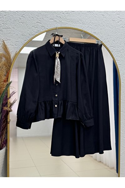 BENAHOLL Σετ Payman με Φουλάρι Λεοπάρ και Φούστα με Έξι Βολάν-NA3439 Μαύρο