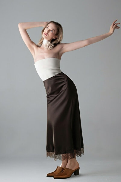 COMBİNE MİCHAİL Γυναικεία ψηλόμεση καφέ μάξι σατέν φούστα