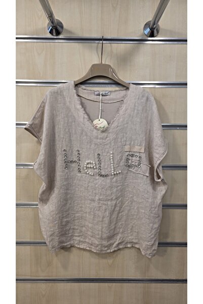 Park Moda Linen Blouse with Pearl Stones