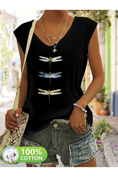 puolikuu Γυναικείο μπλουζάκι με άνετη εφαρμογή και λαιμόκοψη V, με μικτό εμπρ...