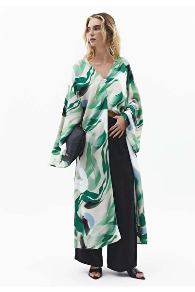 OXXO Oversize Long Button Detailed Kimono - ABSTRACT COMB
