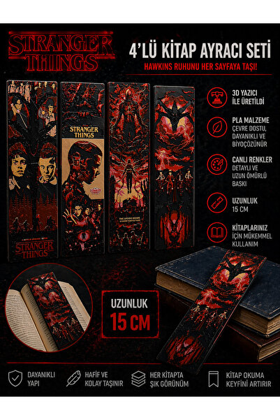FigurBende Stranger Things 4’lü Kitap Ayracı Seti – 3D Baskı PLA Malzeme – 15 cm