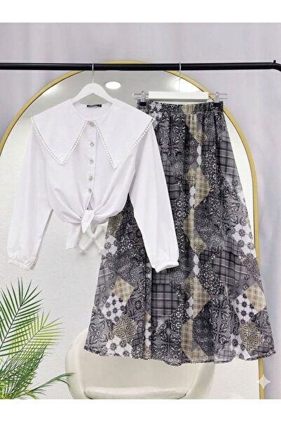 VOLT CLOTHİNG Λευκό πουκάμισο με σχέδιο φύλλων και ελαστική μέση, φούστα από ...