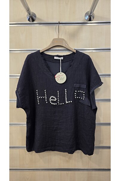 Park Moda Λινή Μπλούζα με Πέρλες και Πέτρες