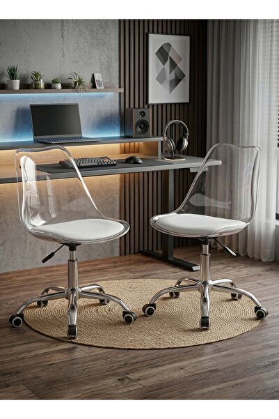 Taimi Set-2 Modern Clear White Office Chair, Swivel Adjustable Height, Padded...