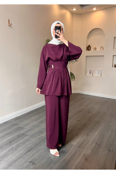 Esre Store 40719 - Σετ Modal με λεπτομέρεια από πιέτες και ζώνη με αγκράφα, Μωβ