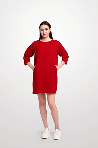 OEMS Linen Delight Shift Dress in Red - XL