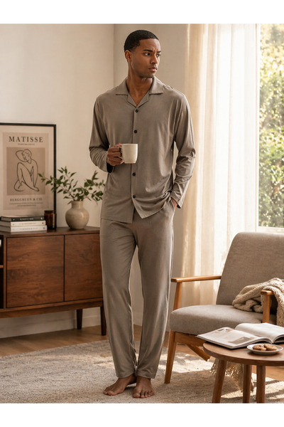 YUYİ Kly Modal Cotton Shirt Collar Front Buttoned Men's Long Sleeved Pajama Set