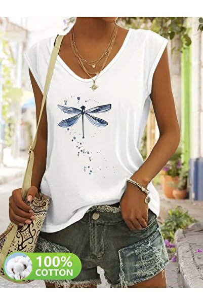 puolikuu Γυναικείο μπλουζάκι με άνετη εφαρμογή και λαιμόκοψη V, με μικτό εμπρ...