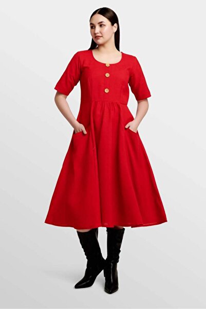 OEMS Berry Blaze Linen Red Midi Dress - L