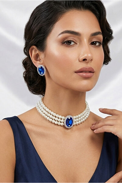 Happyline Oval Saks Mavi Taşlı Choker Kolye Küpe Takım Tasma Kolye Cam İncili...