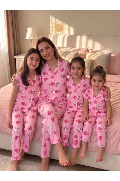 ARBİ kids Κοριτσίστικο σετ πιτζάμες με καρδιές και γάτες, ροζ με κουμπιά, κον...