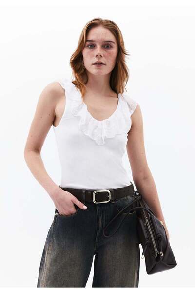 OXXO V Neck Frilled Tank Top - WHITE