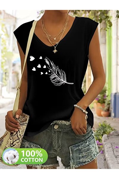 puolikuu Γυναικείο μπλουζάκι με άνετη εφαρμογή και λαιμόκοψη V, με μικτό εμπρ...