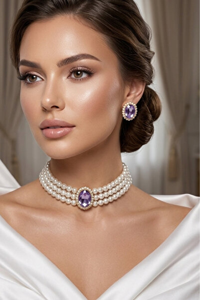 Happyline Oval Lila Taşlı Choker Kolye Küpe Takım Tasma Kolye Cam İncili Gold...