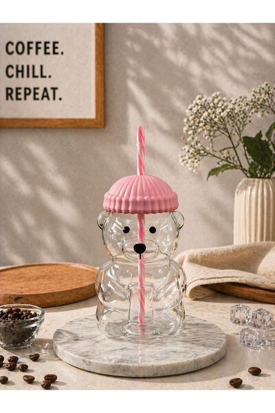 YzHome Cam Ayıcık Pipetli Soğuk İçecek Kahve Bardağı Bear Bardak 550 ml