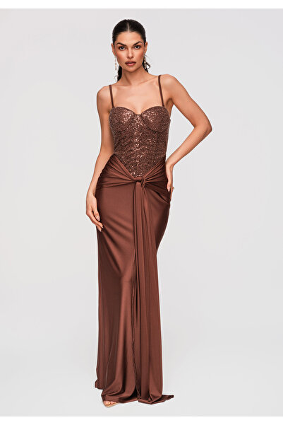 Larica Γυναικείο Μάξι Φόρεμα Βραδινό με Κορσέ LA-OM-DLR349 Καφέ